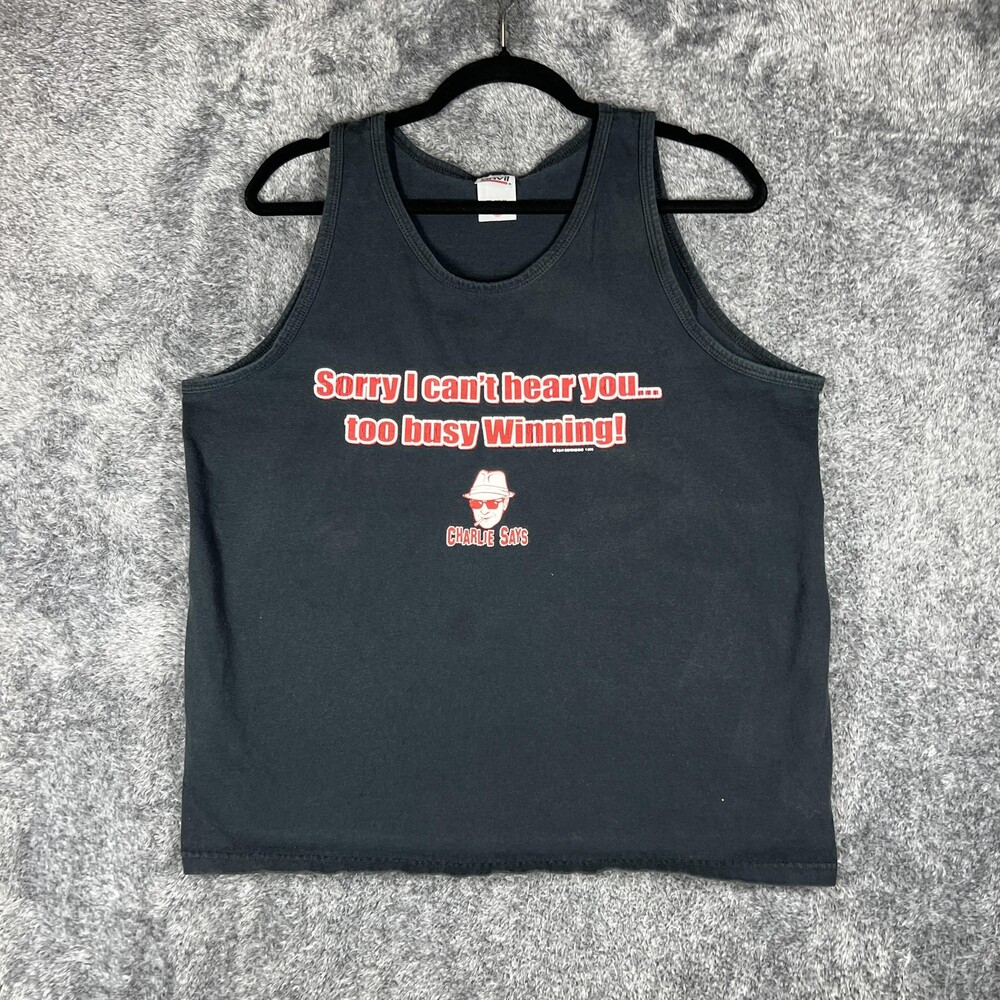 Vintage Anvil Shirt Mens M Black Sleeveless Charlie Says Graphic Tank Tee